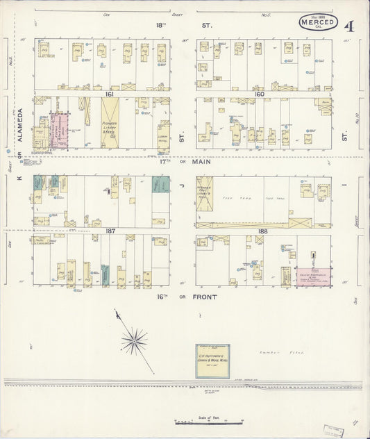 Sanborn Fire Insurance Map from Merced, Merced County, California (1888), Sheet #0004 - Historic Sanborn Fire Insurance Map Print, vintage old map wall art, antique decor, genealogy gift, California California map