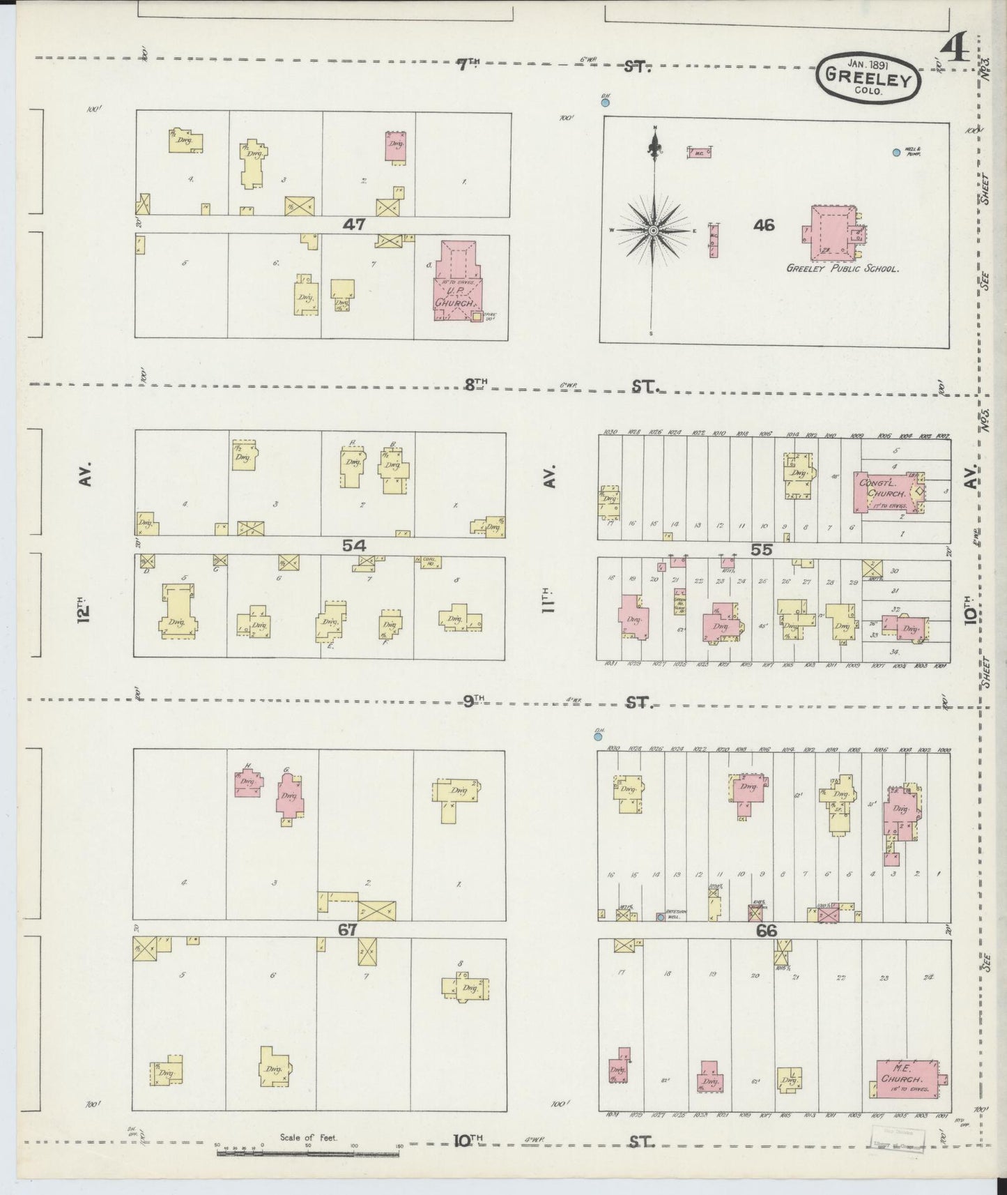 Sanborn Fire Insurance Map from Greeley, Weld County, Colorado (1891), Sheet #0004 - Historic Sanborn Fire Insurance Map Print, vintage old map wall art, antique decor, genealogy gift, Colorado Colorado map