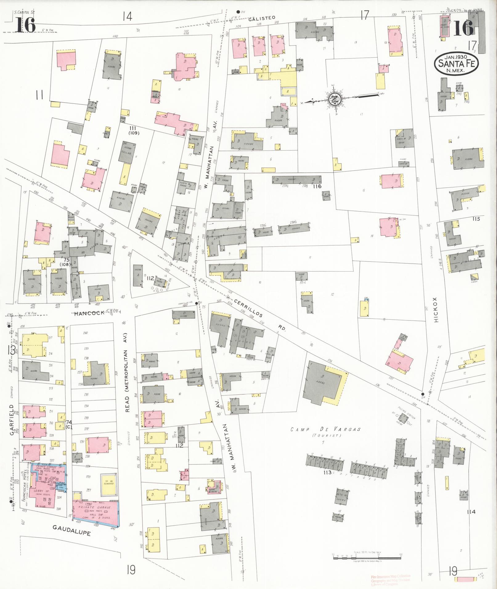 Sanborn Fire Insurance Map from Santa Fe, Santa Fe County, New Mexico (1930), Sheet #0016 - Complete Map Set gallery image, historic Sanborn map, vintage wall art, New Mexico New Mexico