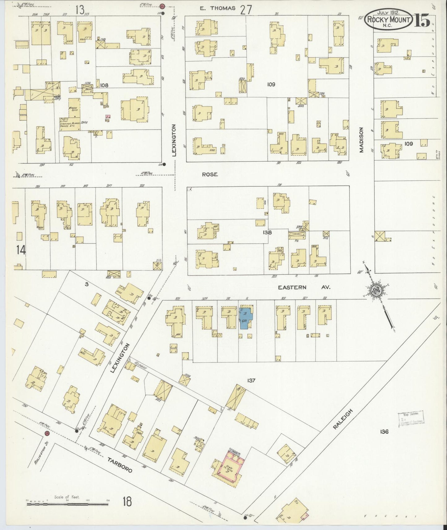 Sanborn Fire Insurance Map from Rocky Mount, Edgecombe And Nash Counties, North Carolina (1912), Sheet #0015 - Complete Map Set gallery image, historic Sanborn map, vintage wall art, North Carolina North Carolina