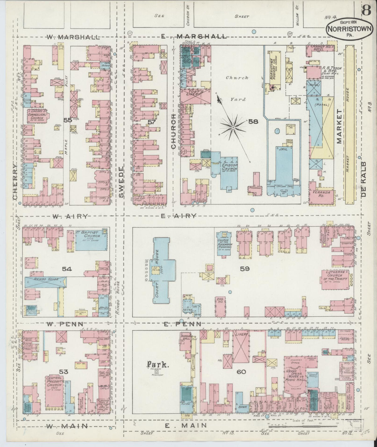 Sanborn Fire Insurance Map from Norristown, Montgomery County, Pennsylvania (1891), Sheet #0008 - Historic Sanborn Fire Insurance Map Print, vintage old map wall art, antique decor, genealogy gift, Pennsylvania Pennsylvania map