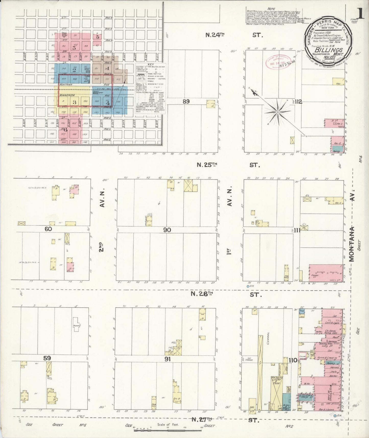 Sanborn Fire Insurance Map from Billings, Yellowstone County, Montana (1891), Sheet #0001 - Complete Map Set gallery image, historic Sanborn map, vintage wall art, Montana Montana