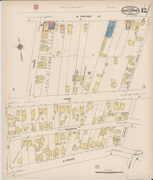 Sanborn Fire Insurance Map from Sault Sainte Marie, Chippewa County, Michigan (1922), Sheet #0012 - Historic Sanborn Fire Insurance Map Print, vintage old map wall art, antique decor, genealogy gift, Michigan Michigan map