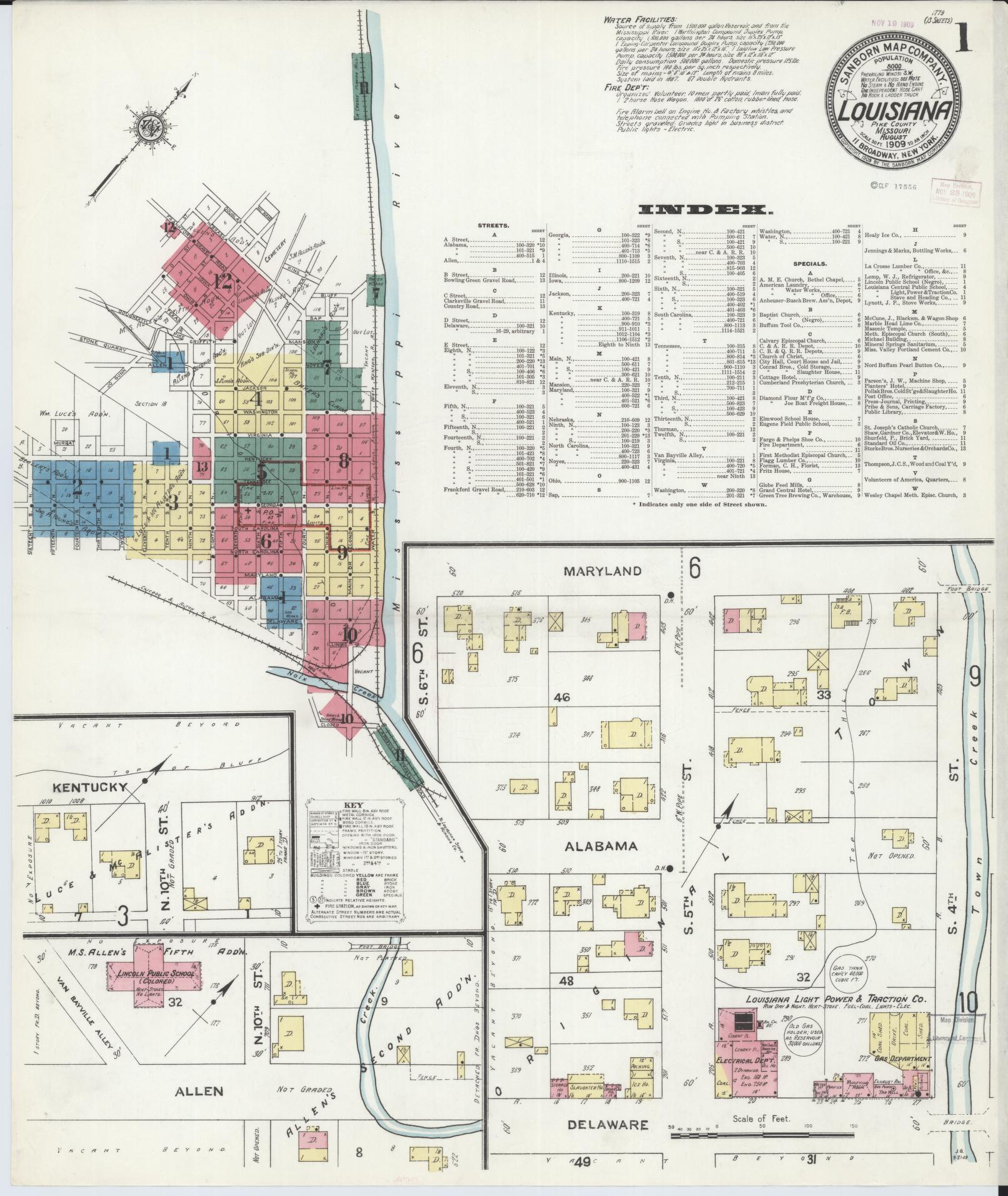 Sanborn Fire Insurance Map from Louisiana, Pike County, Missouri. (1909) – Historic Sanborn Fire Insurance Map Print