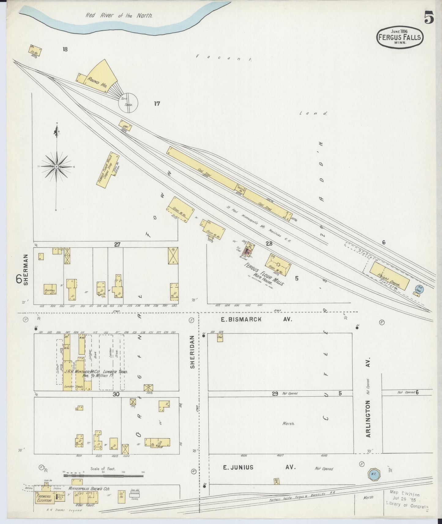 Sanborn Fire Insurance Map from Fergus Falls, Otter Tail County, Minnesota (1896), Sheet #0005 - Historic Sanborn Fire Insurance Map Print, vintage old map wall art, antique decor, genealogy gift, Minnesota Minnesota map