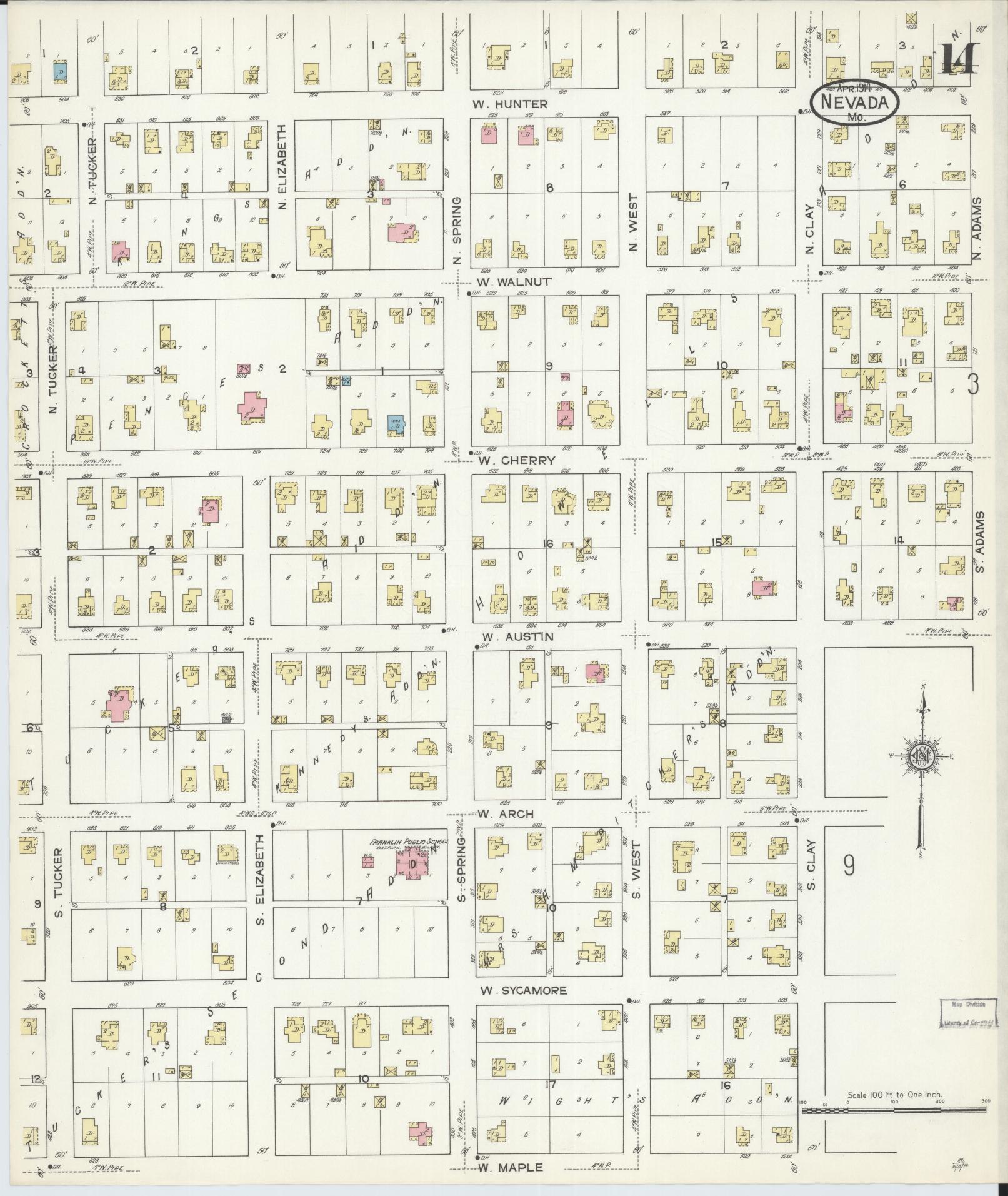 Sanborn Fire Insurance Map from Nevada, Vernon County, Missouri (1914), Sheet #0014 - Complete Map Set gallery image, historic Sanborn map, vintage wall art, Missouri Missouri