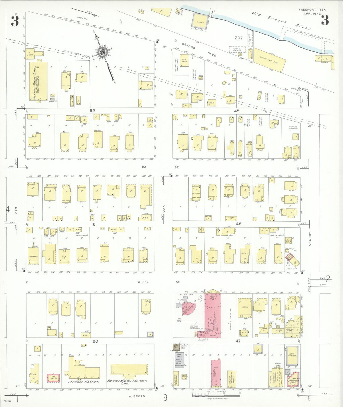 Sanborn Fire Insurance Map from Freeport, Brazoria County, Texas (1943), Sheet #0003 - Historic Sanborn Fire Insurance Map Print, vintage old map wall art, antique decor, genealogy gift, Texas Texas map