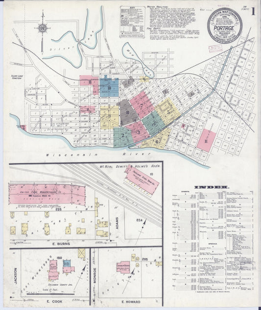 Sanborn Fire Insurance Map from Portage, Columbia County, Wisconsin (1910), Sheet #0001 - Historic Sanborn Fire Insurance Map Print, vintage old map wall art, antique decor, genealogy gift, Wisconsin Wisconsin map
