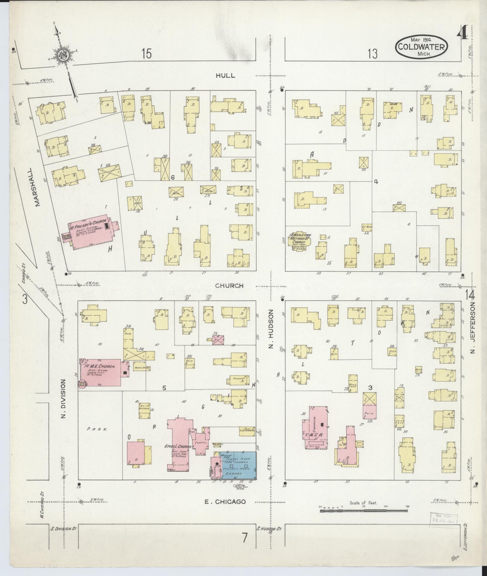Sanborn Fire Insurance Map from Coldwater, Branch County, Michigan (1914), Sheet #0004 - Historic Sanborn Fire Insurance Map Print, vintage old map wall art, antique decor, genealogy gift, Michigan Michigan map