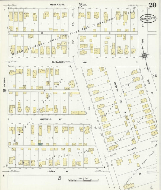 Sanborn Fire Insurance Map from Marinette, Marinette County, Wisconsin (1910), Sheet #0020 - Historic Sanborn Fire Insurance Map Print, vintage old map wall art, antique decor, genealogy gift, Wisconsin Wisconsin map
