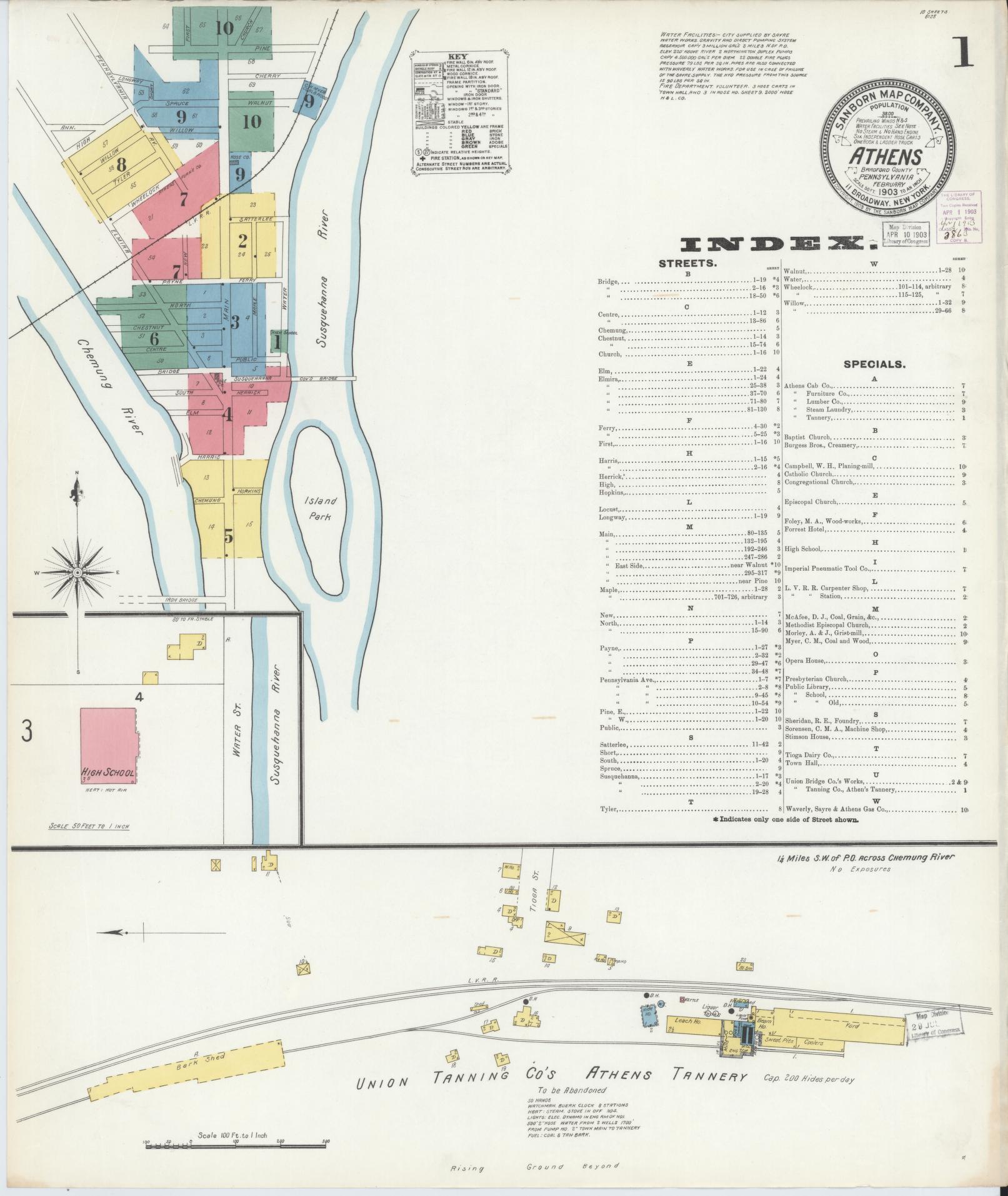 Sanborn Fire Insurance Map from Athens, Bradford County, Pennsylvania (1903), Sheet #0001 - Historic Sanborn Fire Insurance Map Print, vintage old map wall art, antique decor, genealogy gift, Pennsylvania Pennsylvania map