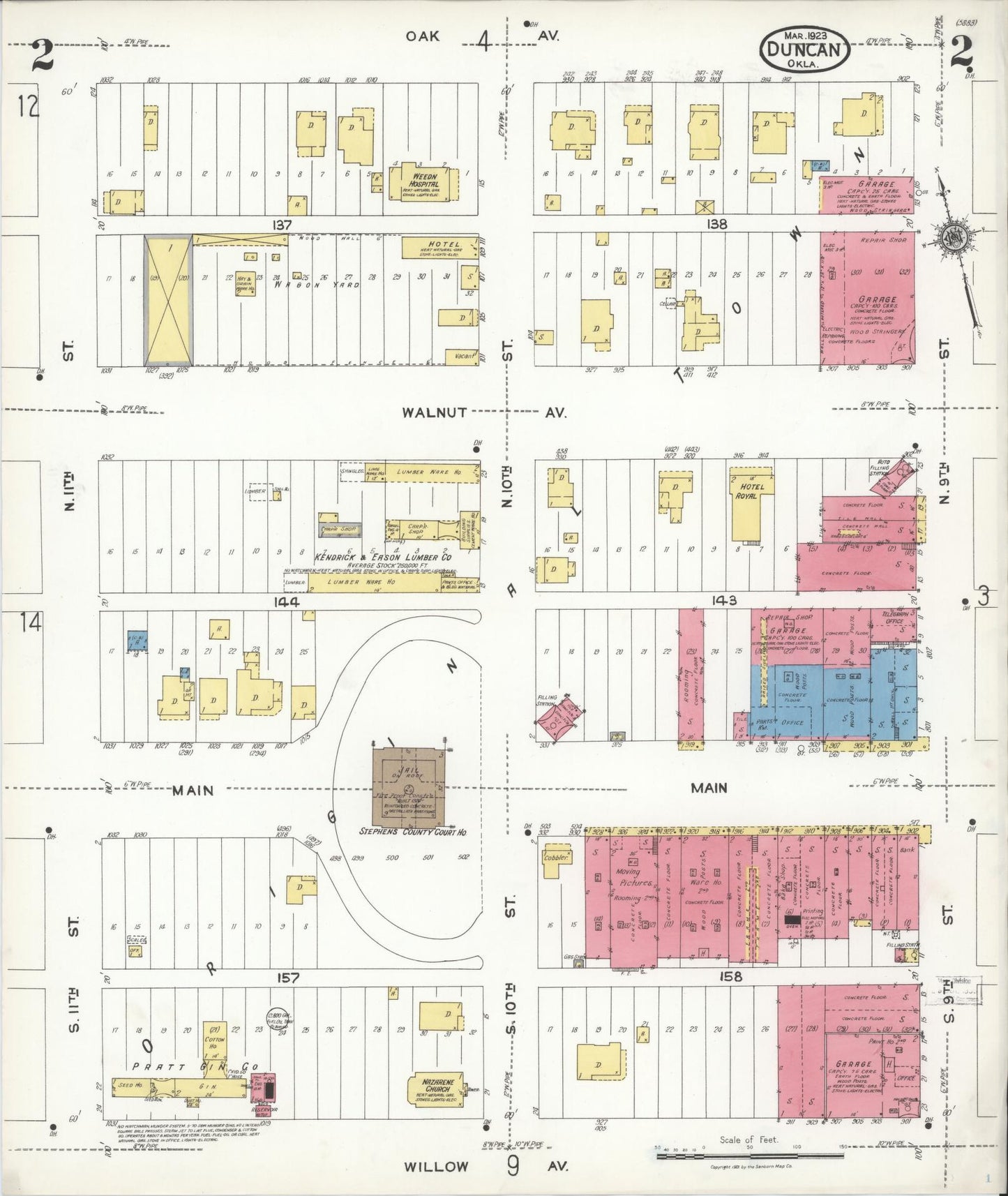Sanborn Fire Insurance Map from Duncan, Stephens County, Oklahoma (1923), Sheet #0002 - Historic Sanborn Fire Insurance Map Print, vintage old map wall art, antique decor, genealogy gift, Oklahoma Oklahoma map