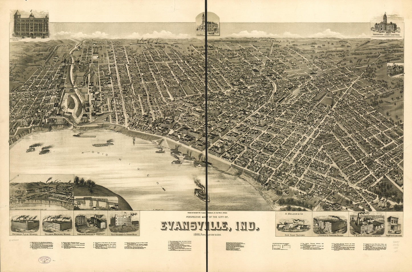 Perspective map of the city of Evansville, Ind. 1888. (1888) – Historic Bird’s-Eye View Panorama Print