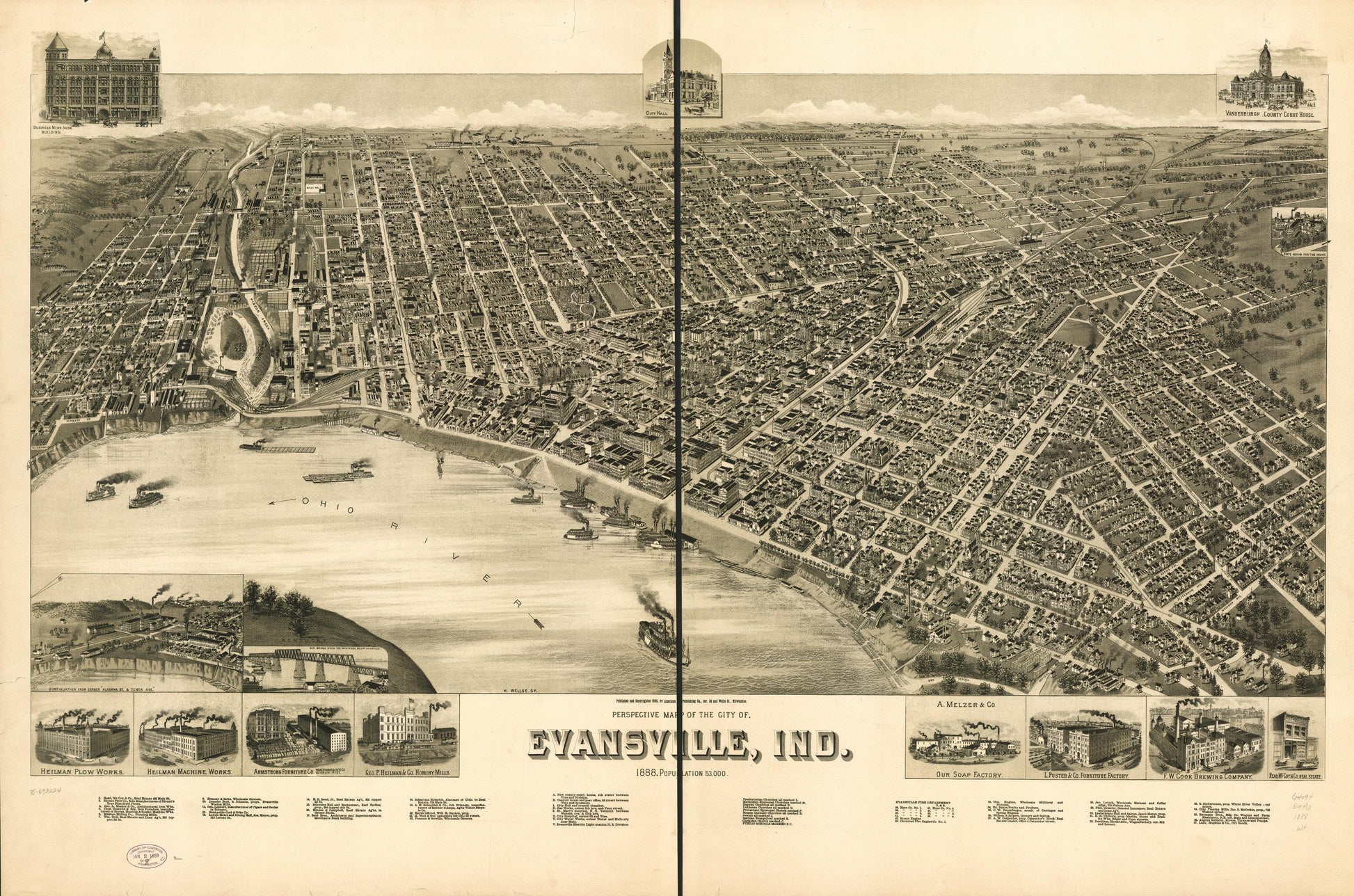 Perspective map of the city of Evansville, Ind. 1888. (1888) – Historic Bird’s-Eye View Panorama Print