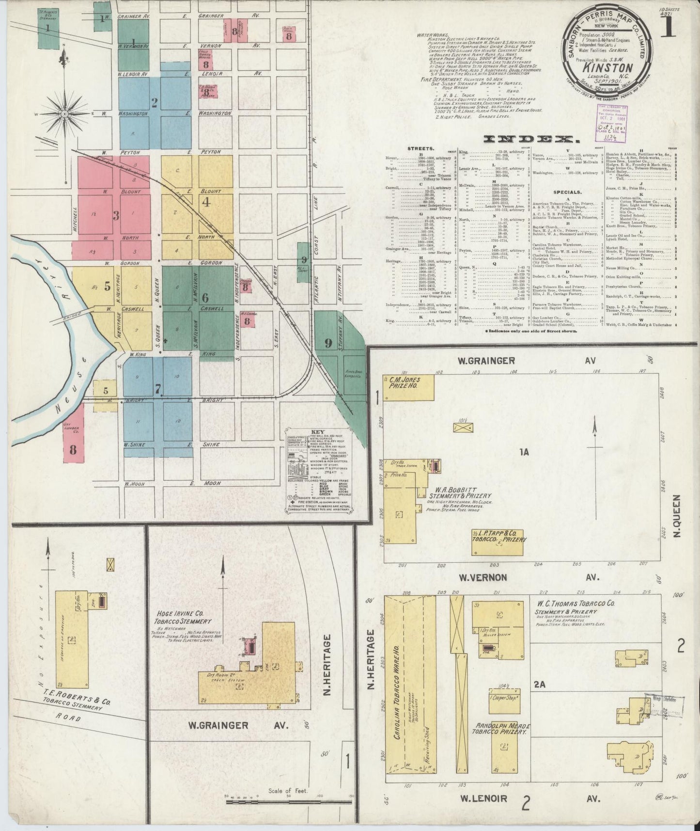 Sanborn Fire Insurance Map from Kinston, Lenoir County, North Carolina (1901), Sheet #0001 - Complete Map Set gallery image, historic Sanborn map, vintage wall art, North Carolina North Carolina
