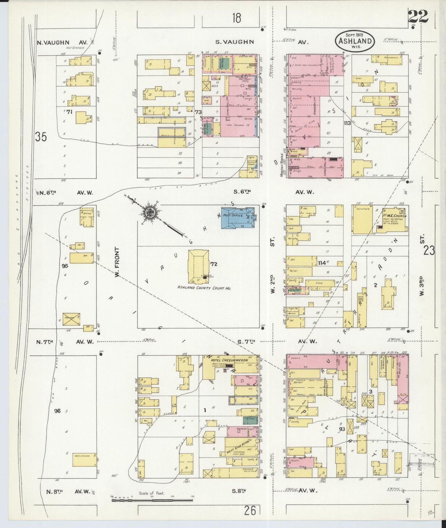 Sanborn Fire Insurance Map from Ashland, Ashland County, Wisconsin (1909), Sheet #0022 - Historic Sanborn Fire Insurance Map Print, vintage old map wall art, antique decor, genealogy gift, Wisconsin Wisconsin map