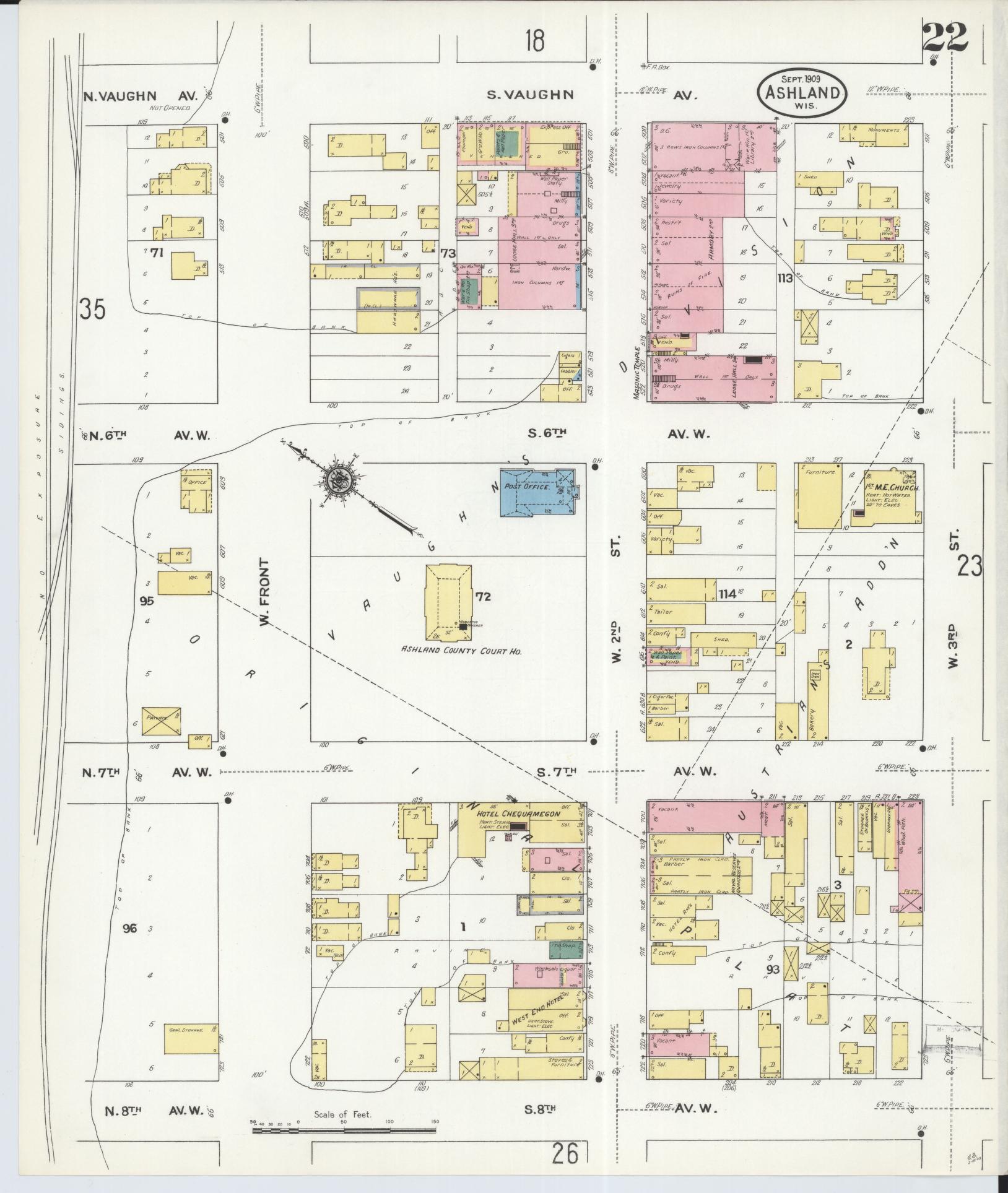 Sanborn Fire Insurance Map from Ashland, Ashland County, Wisconsin (1909), Sheet #0022 - Historic Sanborn Fire Insurance Map Print, vintage old map wall art, antique decor, genealogy gift, Wisconsin Wisconsin map