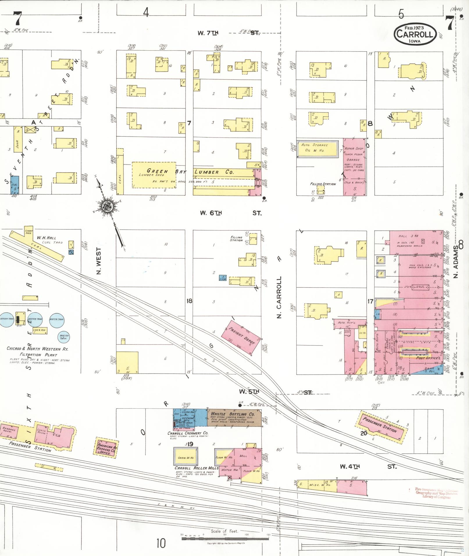 Sanborn Fire Insurance Map from Carroll, Carroll County, Iowa (1923), Sheet #0007 - Historic Sanborn Fire Insurance Map Print, vintage old map wall art