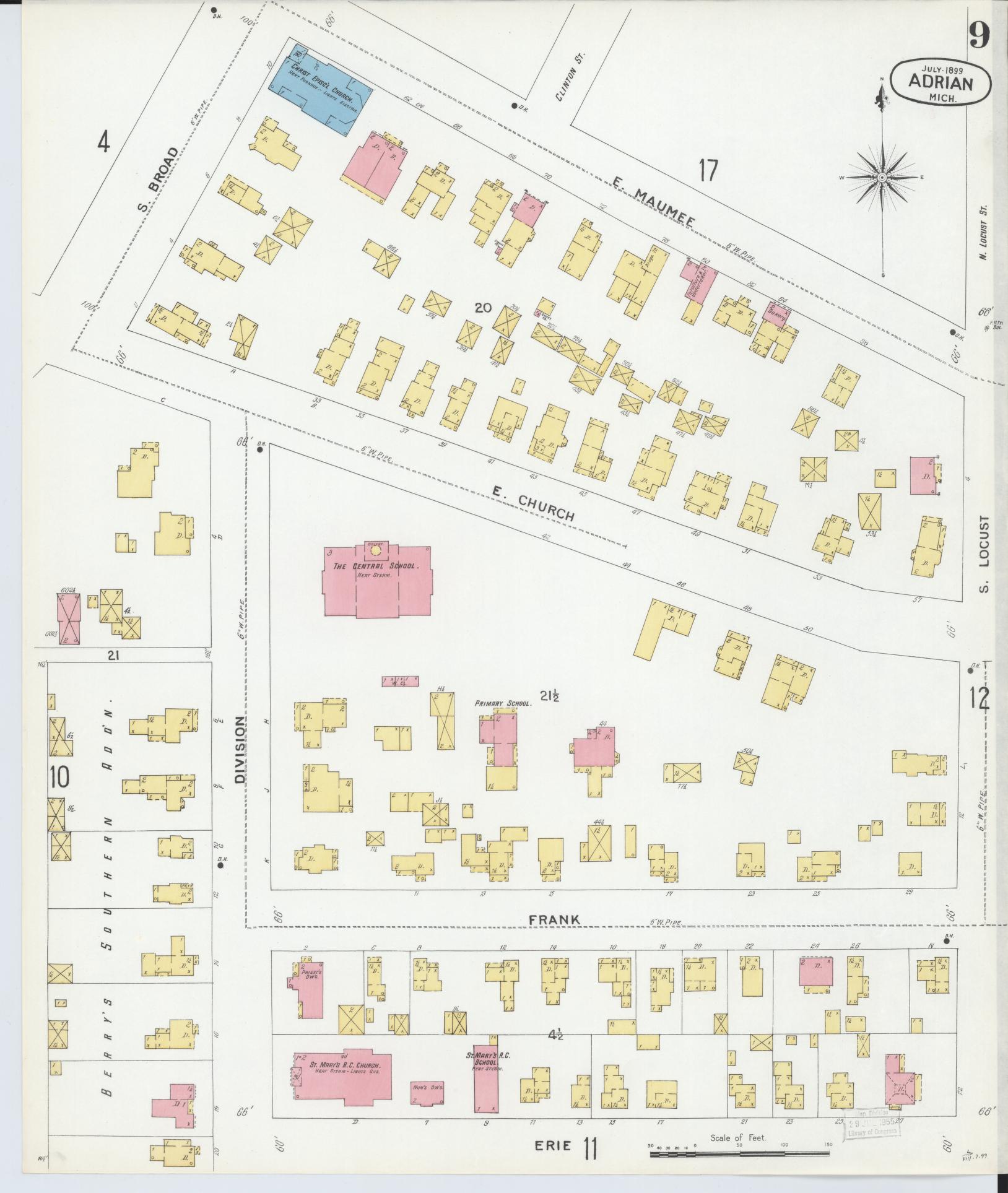 Sanborn Fire Insurance Map from Adrian, Lenawee County, Michigan (1899), Sheet #0009 - Complete Map Set gallery image, historic Sanborn map, vintage wall art, Michigan Michigan
