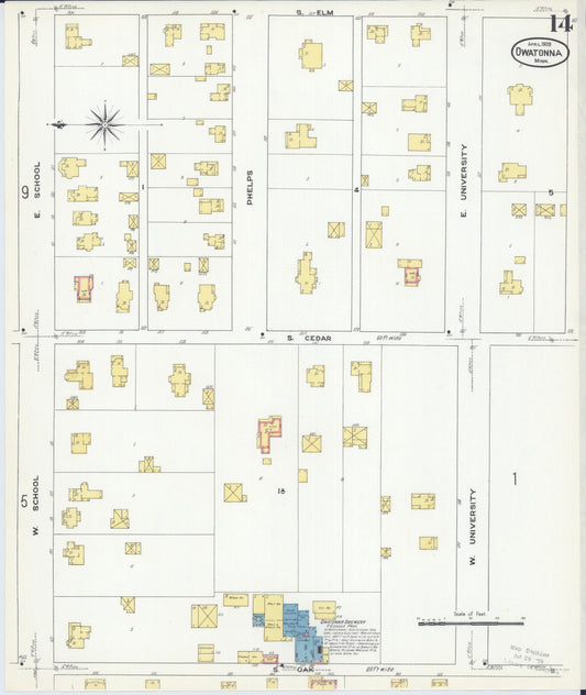 Sanborn Fire Insurance Map from Owatonna, Steele County, Minnesota (1909), Sheet #0014 - Historic Sanborn Fire Insurance Map Print, vintage old map wall art, antique decor, genealogy gift, Minnesota Minnesota map