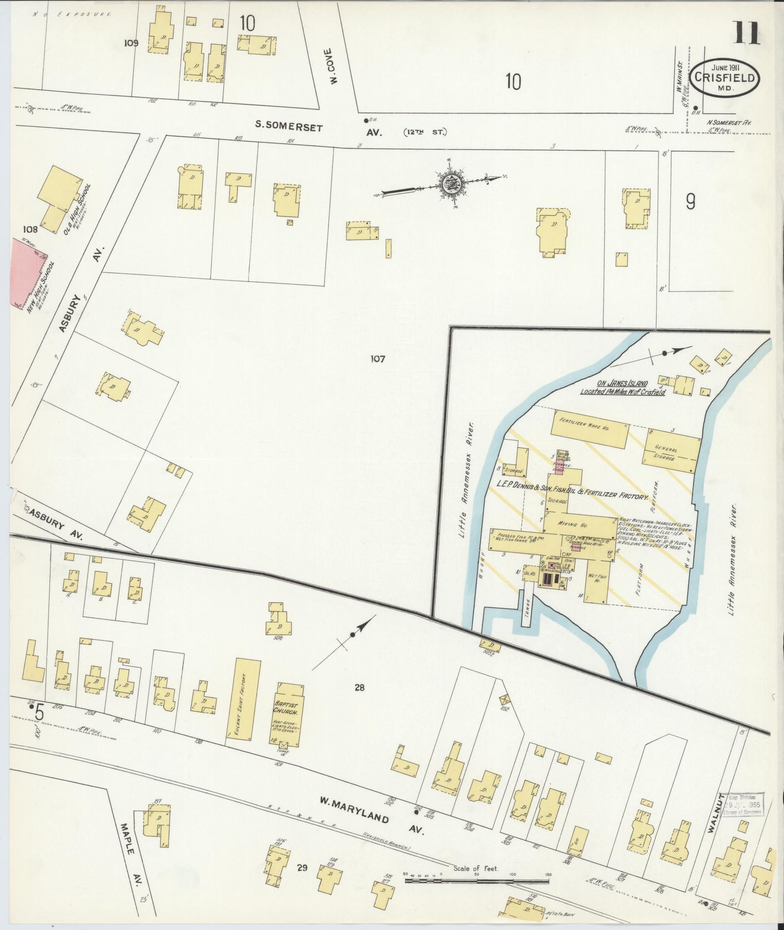 Sanborn Fire Insurance Map from Crisfield, Somerset County, Maryland (1911), Sheet #0011 - Historic Sanborn Fire Insurance Map Print, vintage old map wall art, antique decor, genealogy gift, Maryland Maryland map