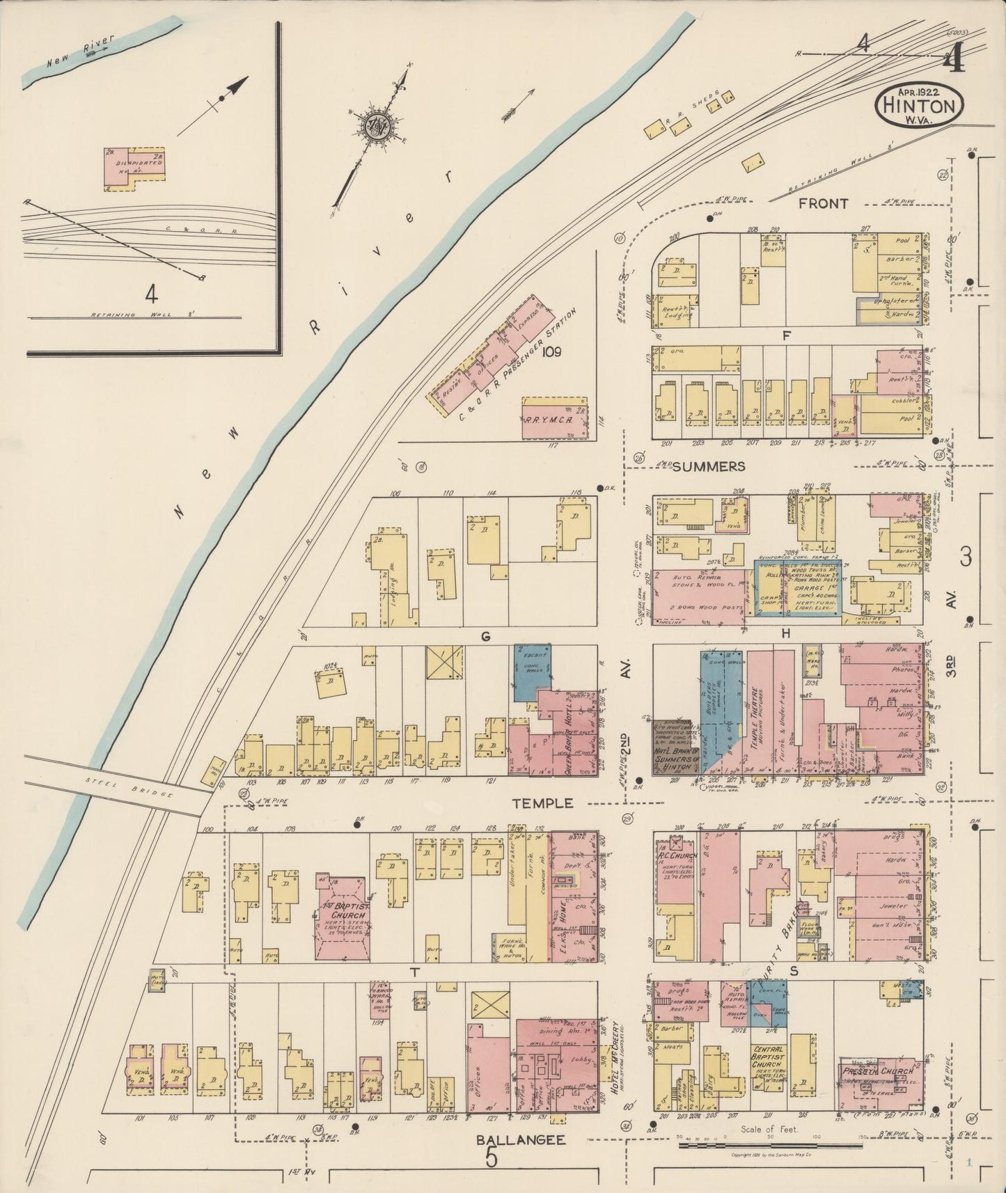 Sanborn Fire Insurance Map from Hinton, Summer County, West Virginia (1922), Sheet #0004 - Complete Map Set gallery image, historic Sanborn map, vintage wall art, West Virginia West Virginia