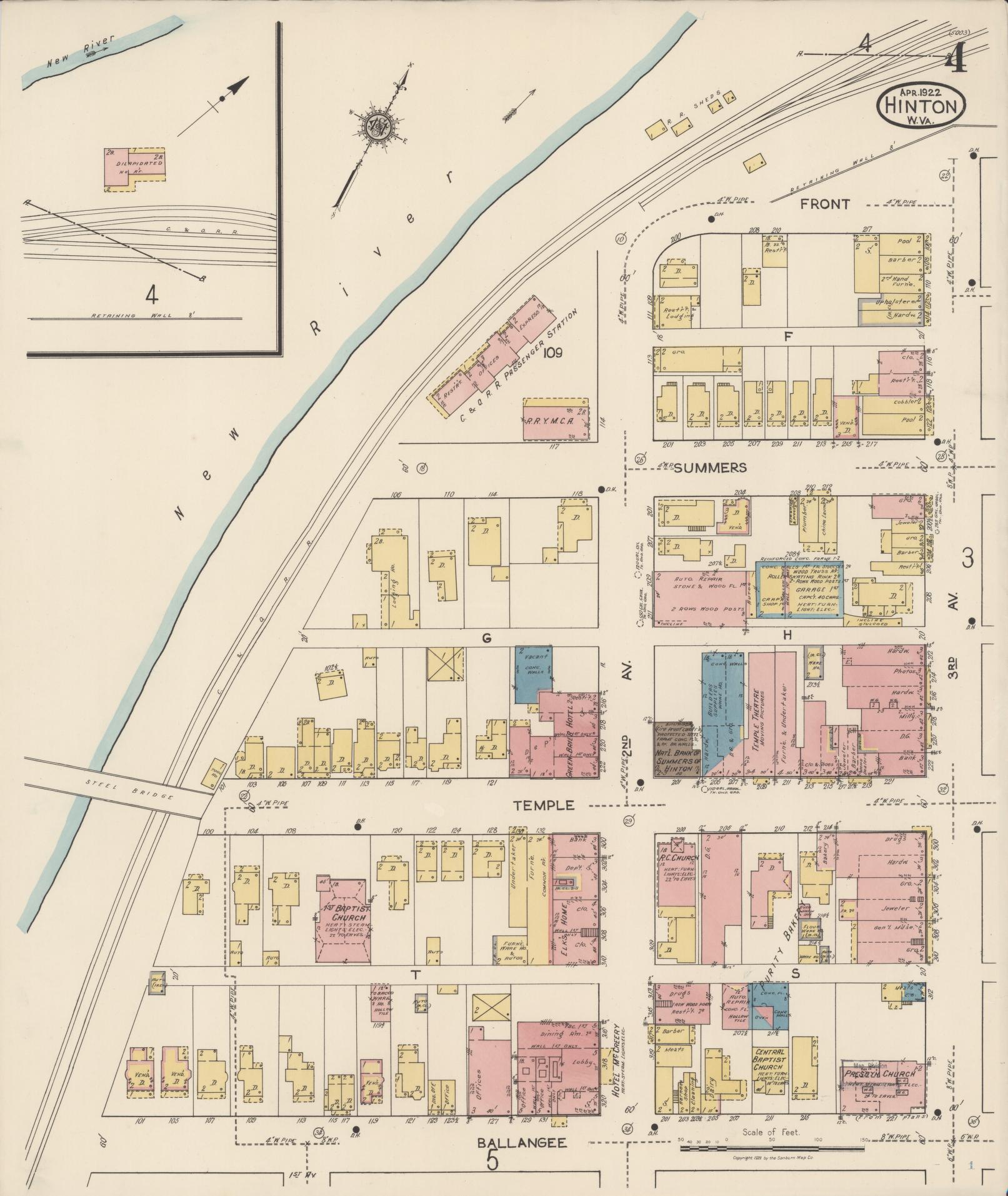 Sanborn Fire Insurance Map from Hinton, Summer County, West Virginia (1922), Sheet #0004 - Complete Map Set gallery image, historic Sanborn map, vintage wall art, West Virginia West Virginia