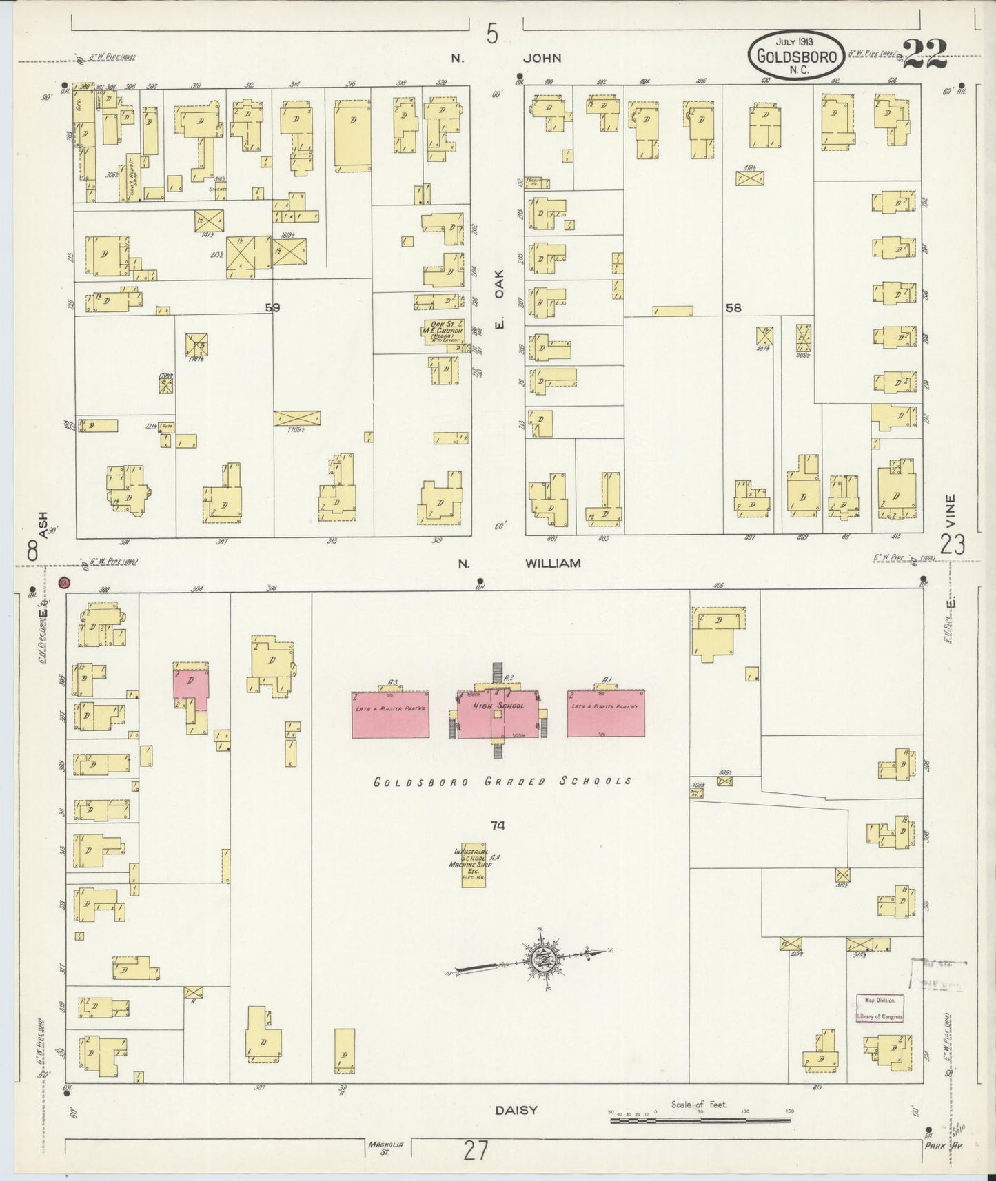 Sanborn Fire Insurance Map from Goldsboro, Wayne County, North Carolina (1913), Sheet #0022 - Complete Map Set gallery image, historic Sanborn map, vintage wall art, North Carolina North Carolina