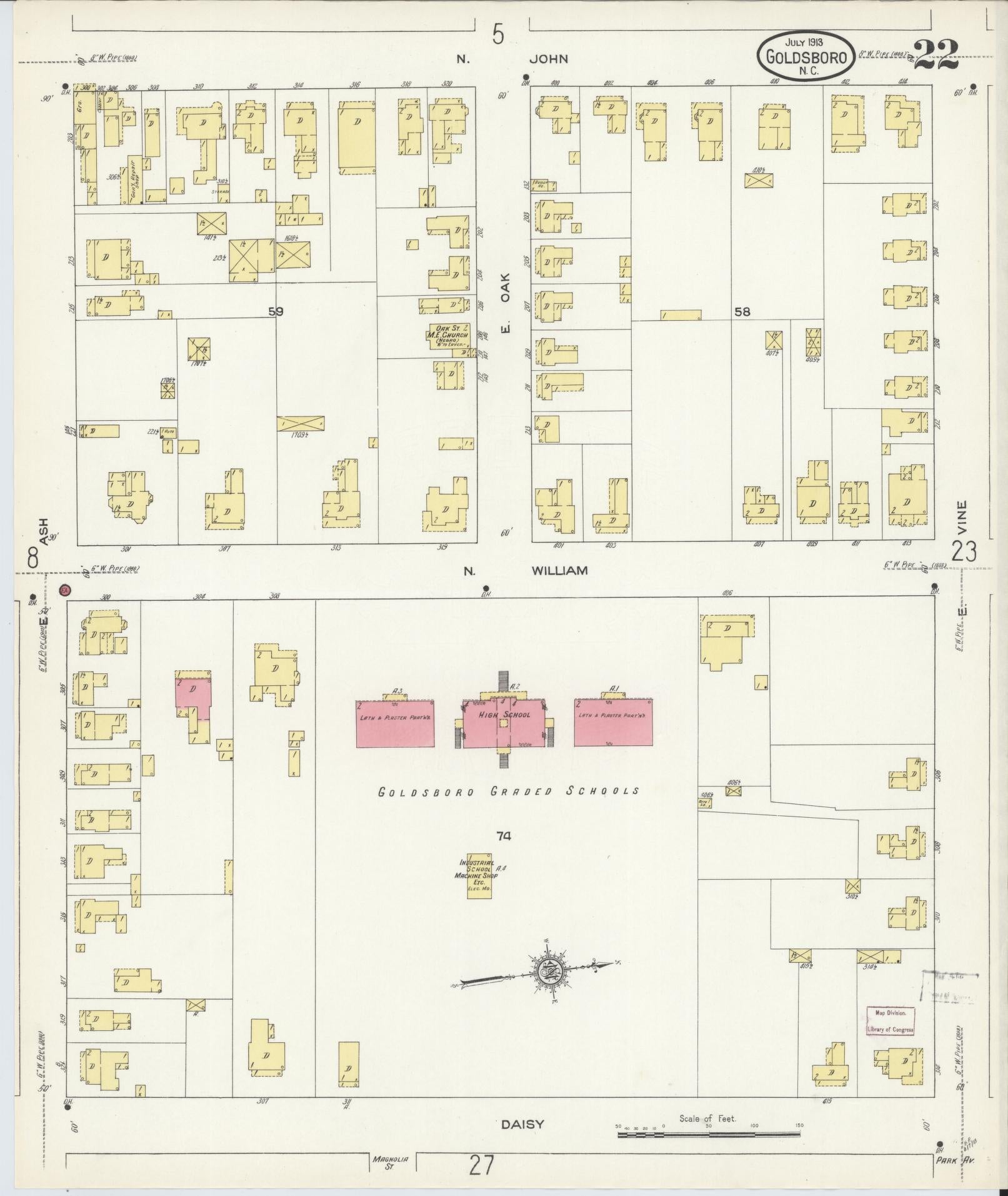 Sanborn Fire Insurance Map from Goldsboro, Wayne County, North Carolina (1913), Sheet #0022 - Complete Map Set gallery image, historic Sanborn map, vintage wall art, North Carolina North Carolina