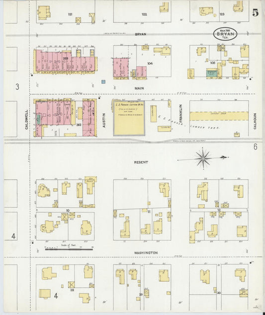 Sanborn Fire Insurance Map from Bryan, Brazos County, Texas (1906), Sheet #0005 - Historic Sanborn Fire Insurance Map Print, vintage old map wall art, antique decor, genealogy gift, Texas Texas map