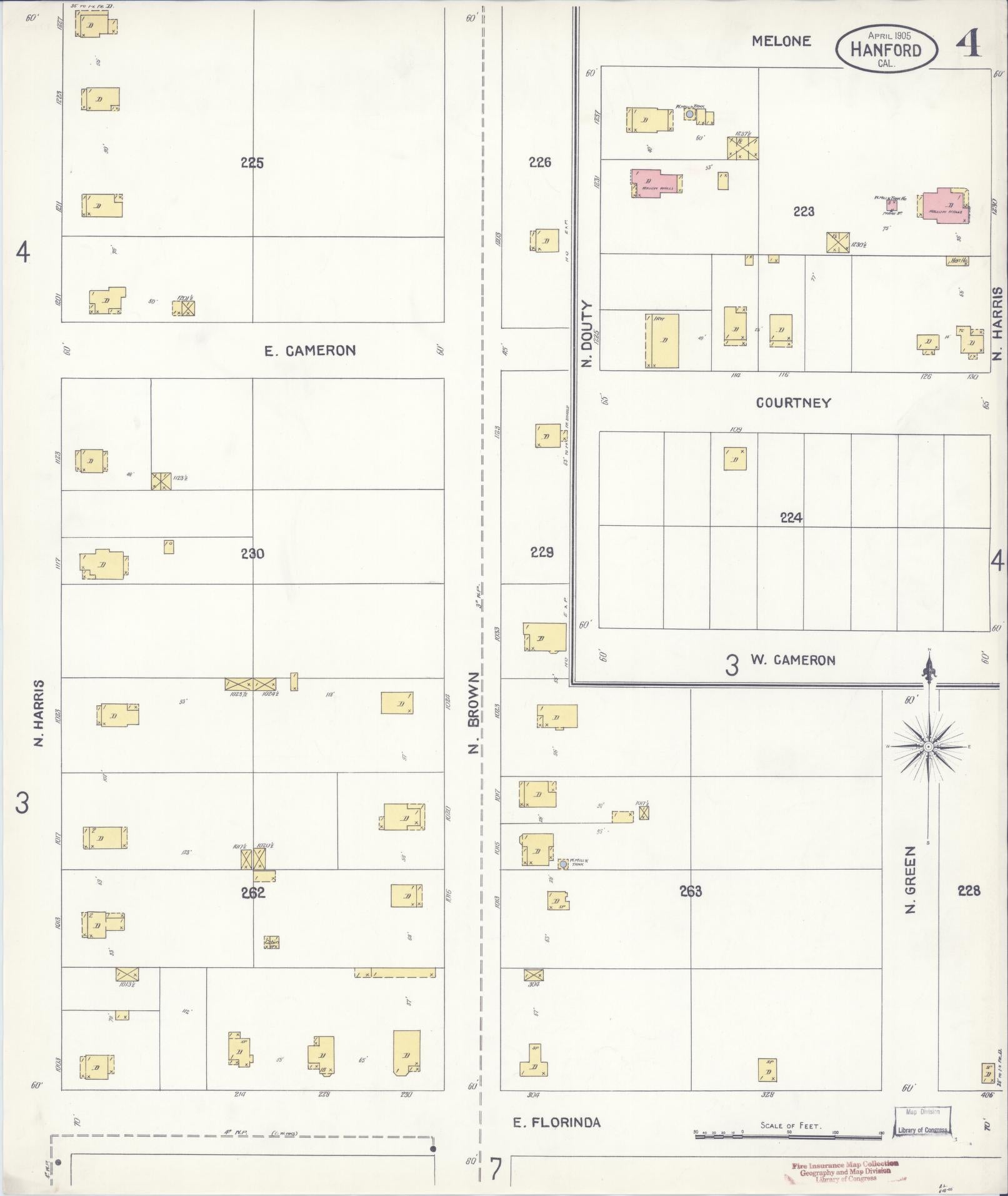 Sanborn Fire Insurance Map from Hanford, Kings County, California (1905), Sheet #0004 - Historic Sanborn Fire Insurance Map Print, vintage old map wall art, antique decor, genealogy gift, California California map