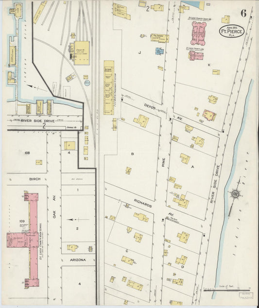 Sanborn Fire Insurance Map from Fort Pierce, St Lucie County, Florida (1915), Sheet #0006 - Historic Sanborn Fire Insurance Map Print, vintage old map wall art, antique decor, genealogy gift, Florida Florida map
