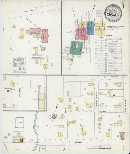 Sanborn Fire Insurance Map from Crockett, Houston County, Texas (1907), Sheet #0001 - Historic Sanborn Fire Insurance Map Print, vintage old map wall art, antique decor, genealogy gift, Texas Texas map
