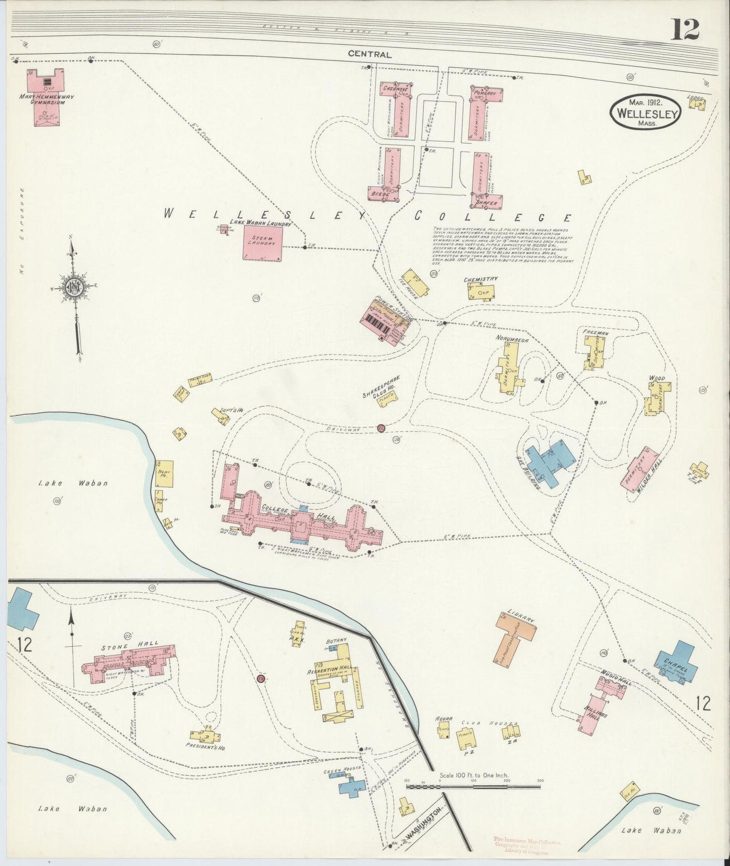 Sanborn Fire Insurance Map from Wellesley, Norfolk County, Massachusetts (1912), Sheet #0012 - Historic Sanborn Fire Insurance Map Print, vintage old map wall art, antique decor, genealogy gift, Massachusetts Massachusetts map