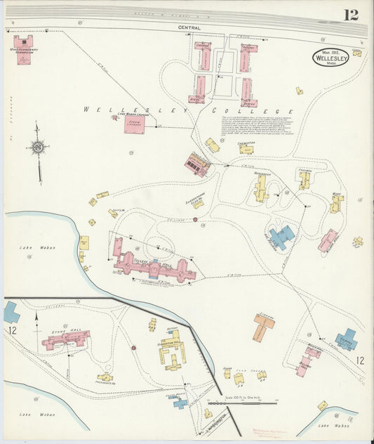 Sanborn Fire Insurance Map from Wellesley, Norfolk County, Massachusetts (1912), Sheet #0012 - Historic Sanborn Fire Insurance Map Print, vintage old map wall art, antique decor, genealogy gift, Massachusetts Massachusetts map