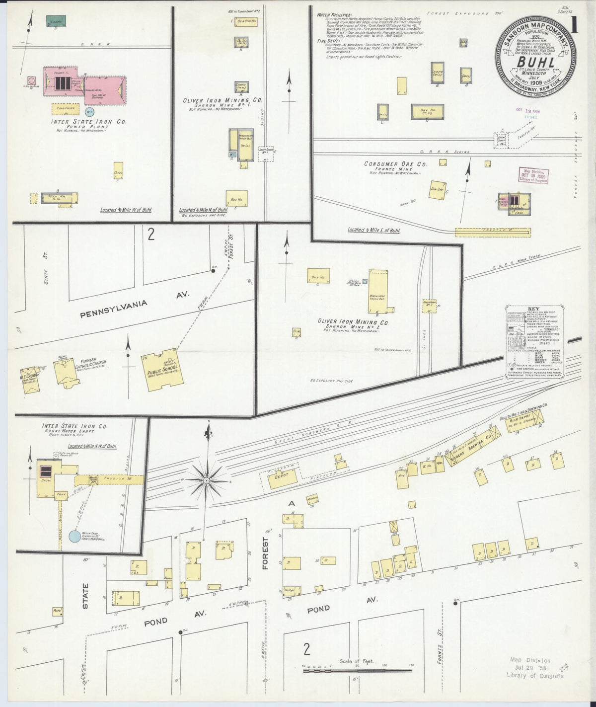 Sanborn Fire Insurance Map from Buhl, Saint Louis County, Minnesota (1909), Sheet #0001 - Complete Map Set gallery image, historic Sanborn map, vintage wall art, Minnesota Minnesota