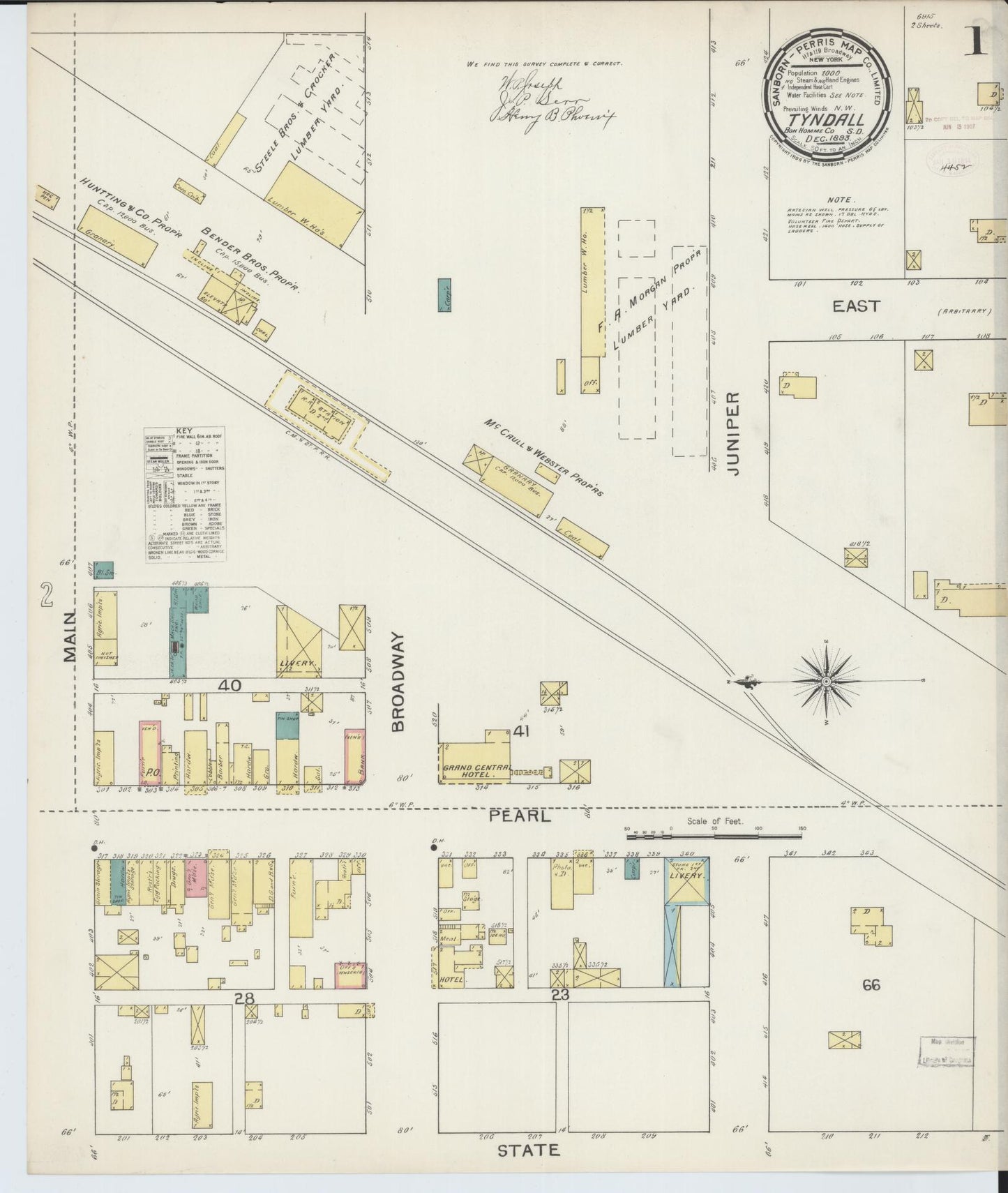 Sanborn Fire Insurance Map from Tyndall, Bon Homme County, South Dakota (1893), Sheet #0001 - Historic Sanborn Fire Insurance Map Print, vintage old map wall art, antique decor, genealogy gift, South Dakota South Dakota map
