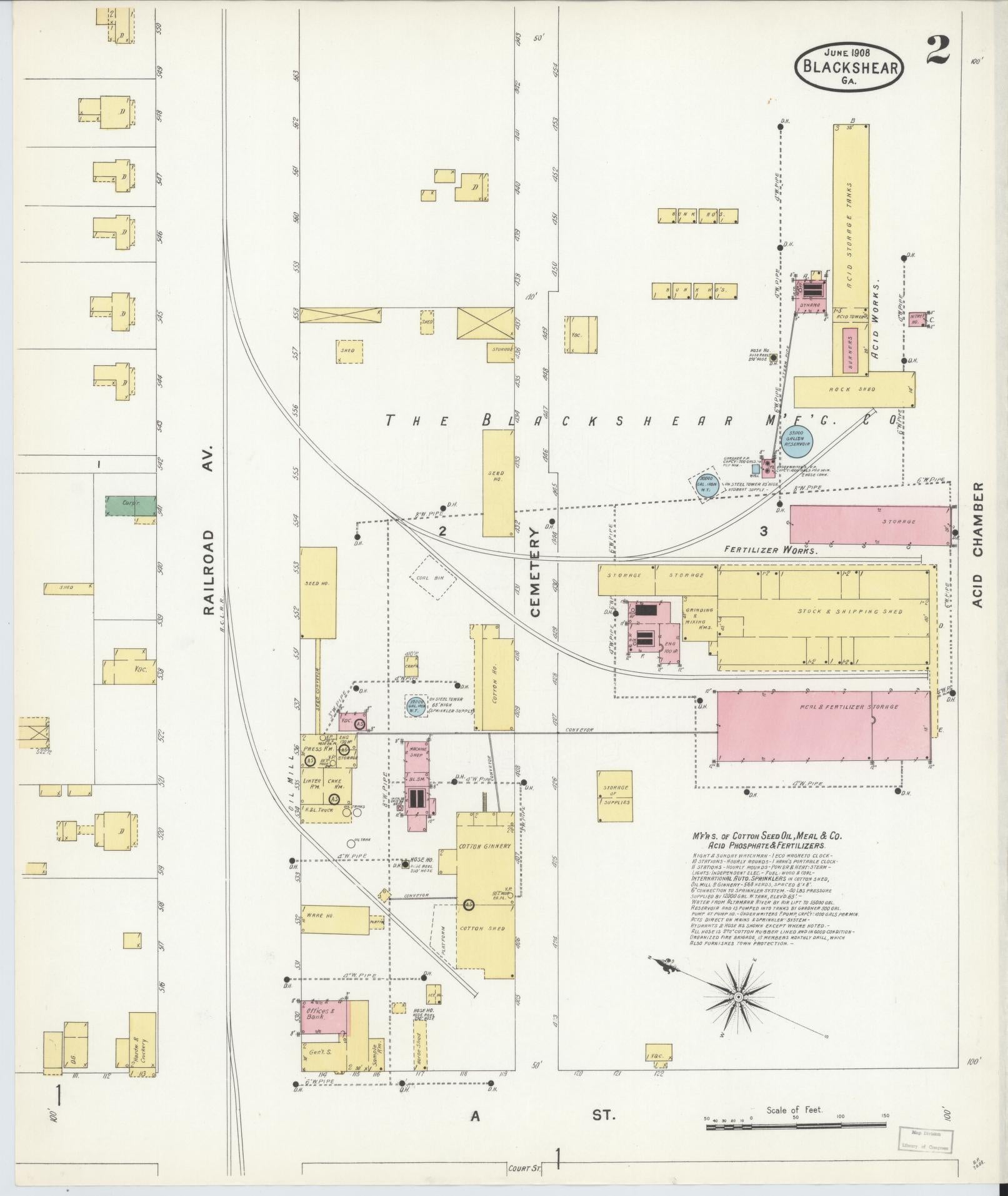 Sanborn Fire Insurance Map from Blackshear, Pierce County, Georgia (1908), Sheet #0002 - Historic Sanborn Fire Insurance Map Print, vintage old map wall art, antique decor, genealogy gift, Georgia Georgia map