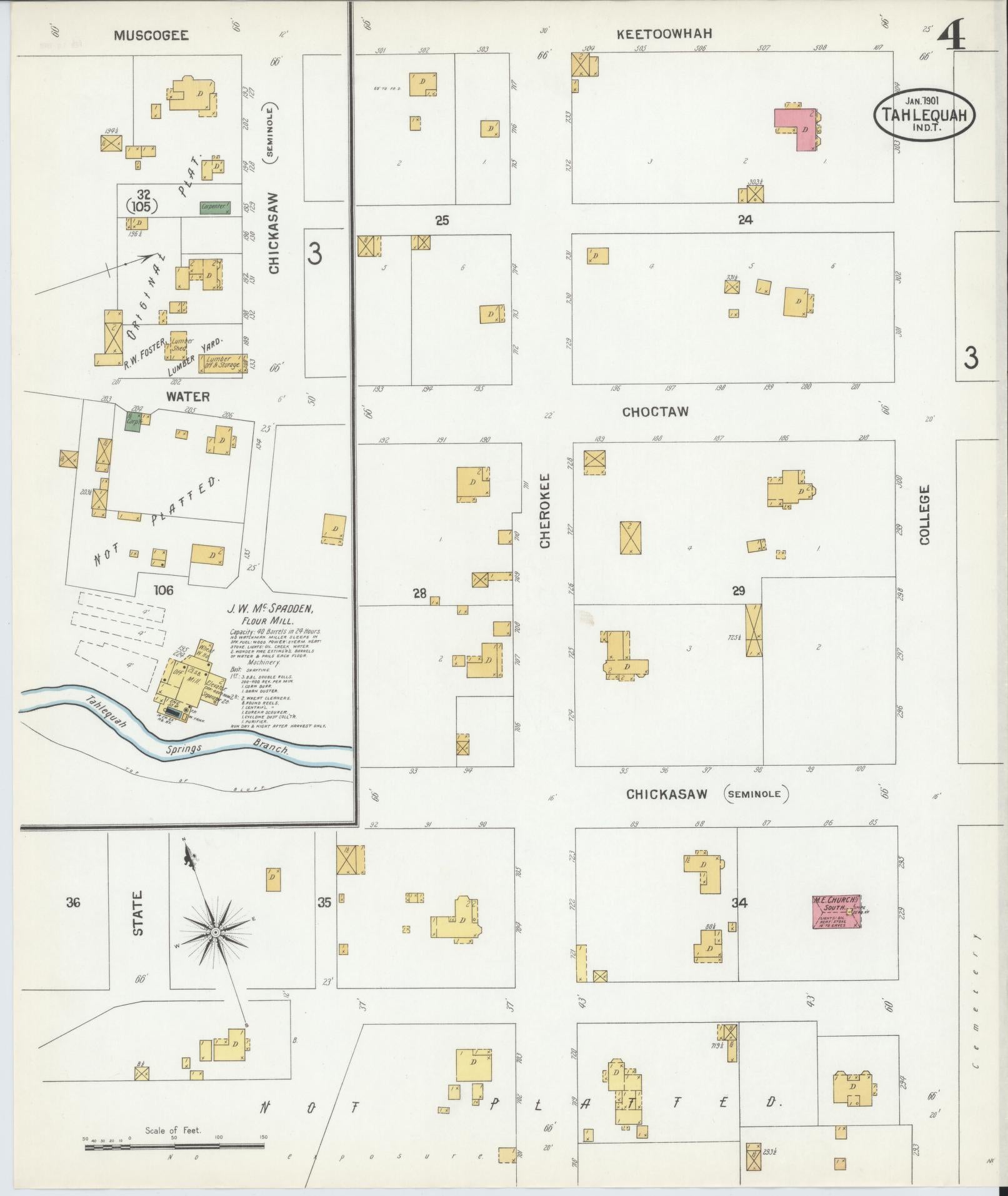 Sanborn Fire Insurance Map from Tahlequah, Cherokee County, Oklahoma (1901), Sheet #0004 - Complete Map Set gallery image, historic Sanborn map, vintage wall art, Oklahoma Oklahoma