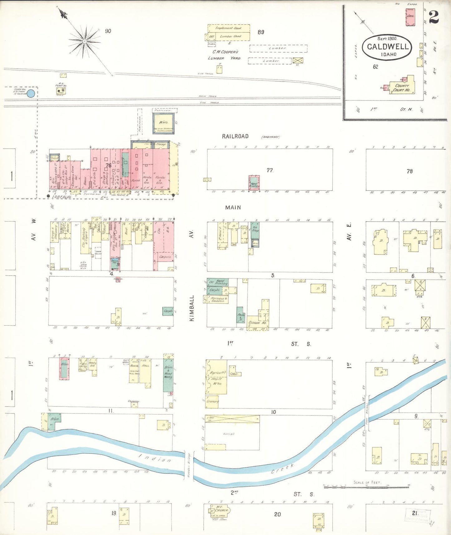 Sanborn Fire Insurance Map from Caldwell, Canyon County, Idaho (1900), Sheet #0002 - Historic Sanborn Fire Insurance Map Print, vintage old map wall art, antique decor, genealogy gift, Idaho Idaho map