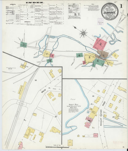 Sanborn Fire Insurance Map from Uxbridge, Worcester County, Massachusetts (1903), Sheet #0001 - Historic Sanborn Fire Insurance Map Print, vintage old map wall art, antique decor, genealogy gift, Massachusetts Massachusetts map