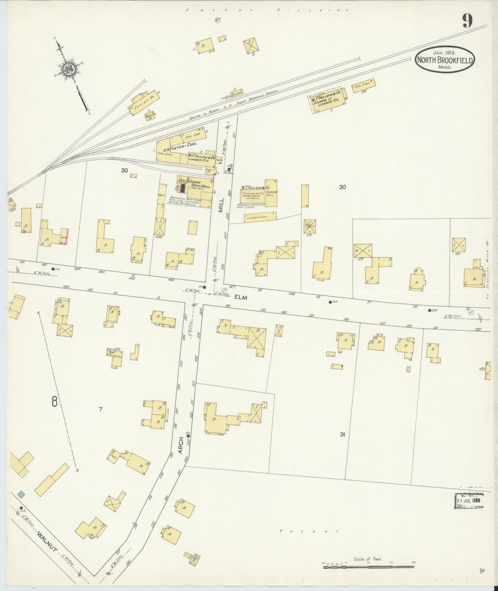 Sanborn Fire Insurance Map from North Brookfield, Worcester County, Massachusetts (1913), Sheet #0009 - Complete Map Set gallery image, historic Sanborn map, vintage wall art, Massachusetts Massachusetts