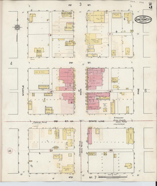 Sanborn Fire Insurance Map from Junction City, Union County. Clairborne And Union Parishes  La., Arkansas (1933), Sheet #0005 - Historic Sanborn Fire Insurance Map Print, vintage old map wall art, antique decor, genealogy gift, Arkansas Arkansas map