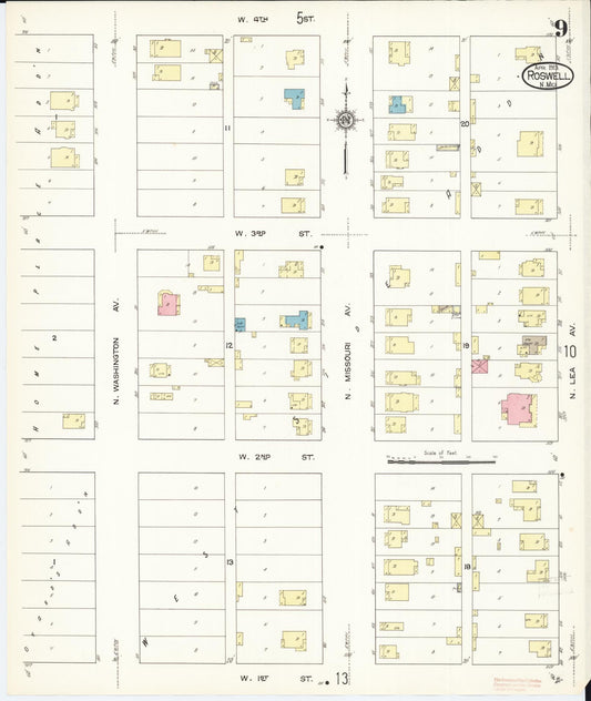 Sanborn Fire Insurance Map from Roswell, Chaves County, New Mexico (1913), Sheet #0009 - Historic Sanborn Fire Insurance Map Print, vintage old map wall art, antique decor, genealogy gift, New Mexico New Mexico map