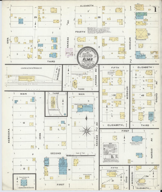 Sanborn Fire Insurance Map from Alma, Wabaunsee County, Kansas (1908), Sheet #0001 - Historic Sanborn Fire Insurance Map Print, vintage old map wall art, antique decor, genealogy gift, Kansas Kansas map