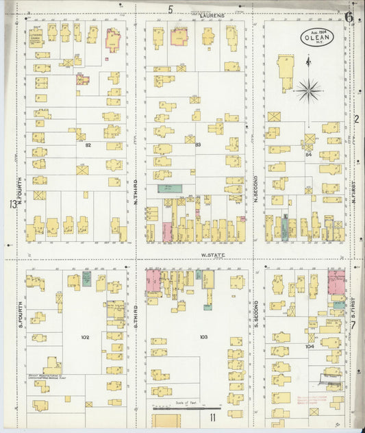 Sanborn Fire Insurance Map from Olean, Cattaraugus County, New York (1904), Sheet #0006 - Historic Sanborn Fire Insurance Map Print, vintage old map wall art, antique decor, genealogy gift, New York New York map