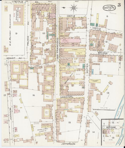 Sanborn Fire Insurance Map from Santa Fe, Santa Fe County, New Mexico (1886), Sheet #0003 - Historic Sanborn Fire Insurance Map Print, vintage old map wall art, antique decor, genealogy gift, New Mexico New Mexico map