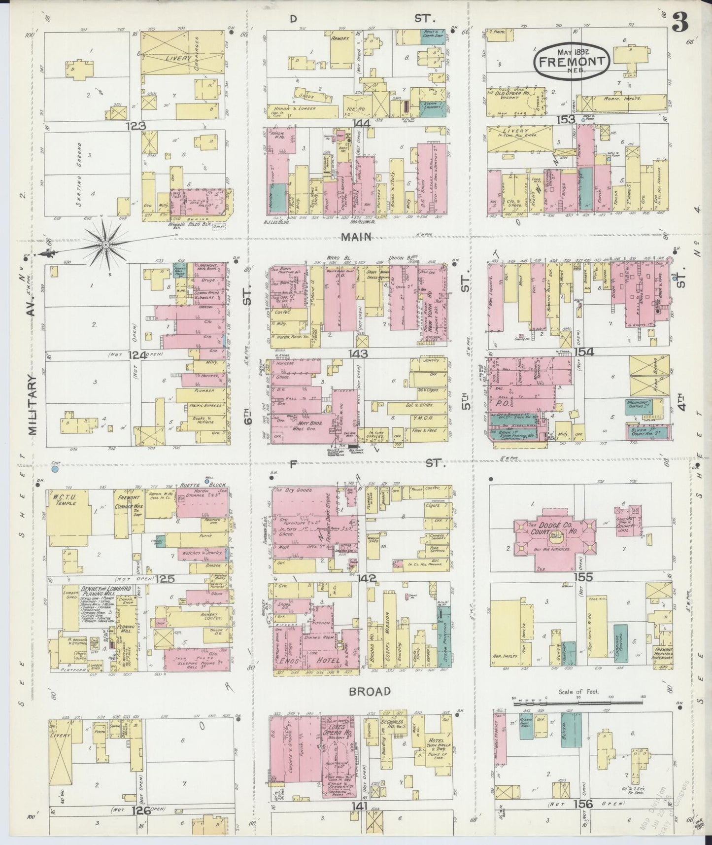Sanborn Fire Insurance Map from Fremont, Dodge County, Nebraska (1892), Sheet #0003 - Complete Map Set gallery image, historic Sanborn map, vintage wall art, Nebraska Nebraska