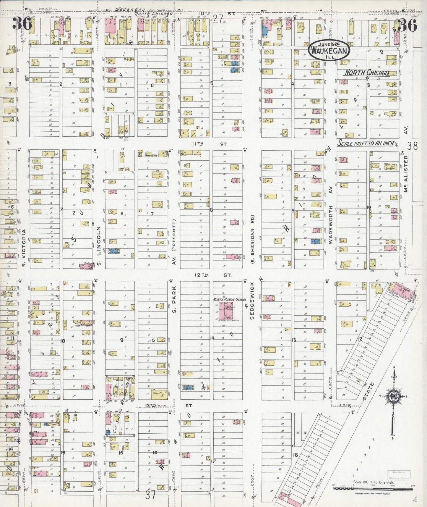 Sanborn Fire Insurance Map from Waukegan, Lake County, Illinois (1924), Sheet #0036 - Complete Map Set gallery image, historic Sanborn map, vintage wall art, Illinois Illinois