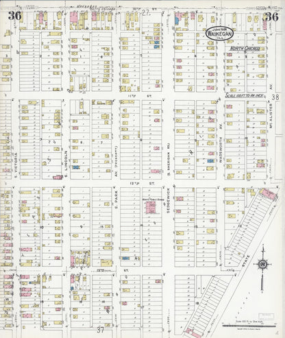 Sanborn Fire Insurance Map from Waukegan, Lake County, Illinois (1924), Sheet #0036 - Complete Map Set gallery image, historic Sanborn map, vintage wall art, Illinois Illinois